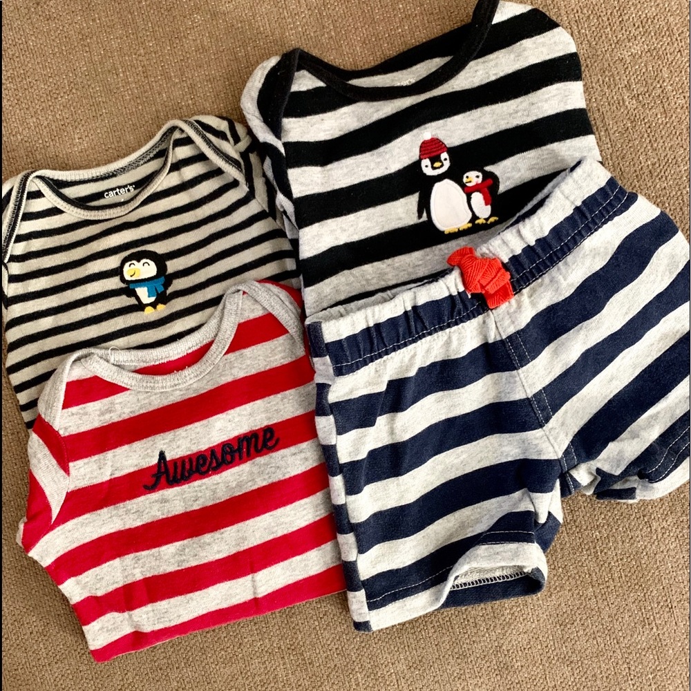 6 months carters striped lot of 4 bodysuits